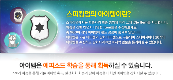 스피킹덤의 아이템이란? 아이템은 에피소드 학습을 통해 획득하실 수 있습니다. 스토리 학습을 통해 기본 아이템 획득, 실전회화 학습과 단어 학습을 마치면 아이템을 강화시킬 수 있습니다.