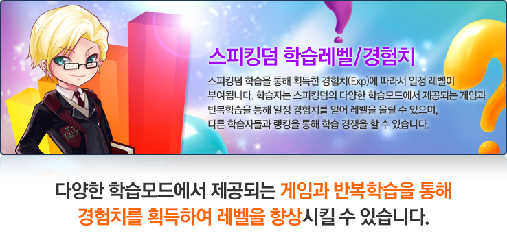 스피킹덤 학습레벨/경험치 다양한 학습모드에서 제공되는 게임과 반복학습을 통해 경험치를 획득하여 레벨을 향상시킬 수 있습니다.